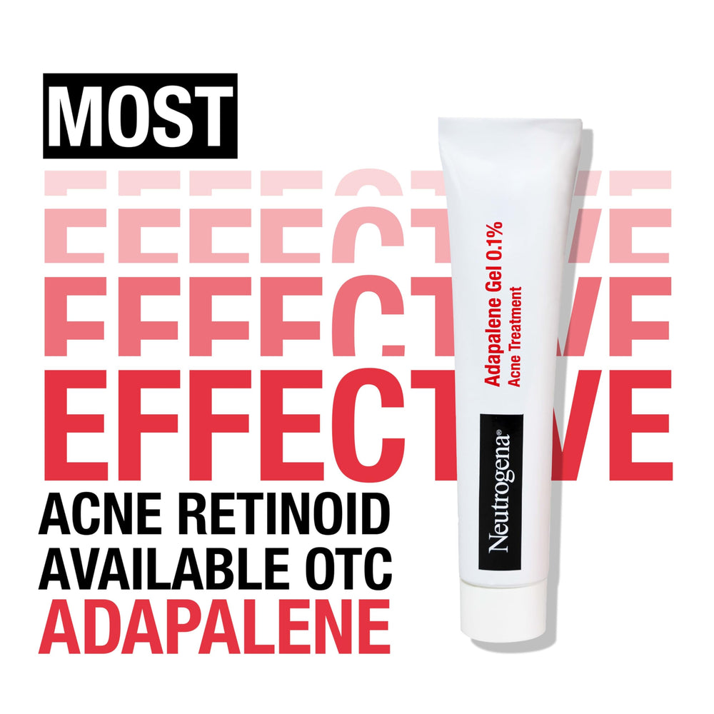 Close-up of Neutrogena Adapalene Gel 0.1% label shows 0.1% retinoid content