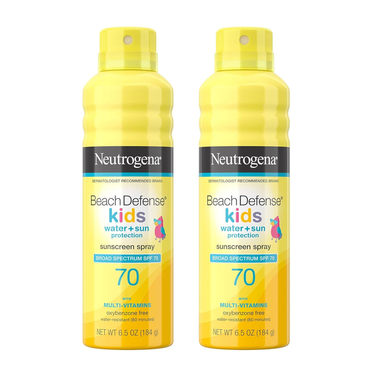 Neutrogena Beach Defense Kids Spray bottle with SPF 70 for quick beach protection.