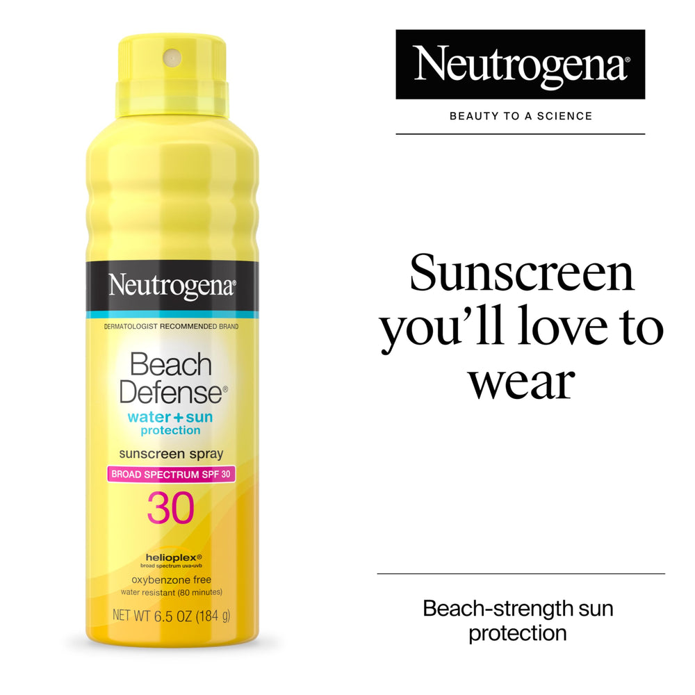 Water-resistant SPF 30 spray for swimming and sweating protection.