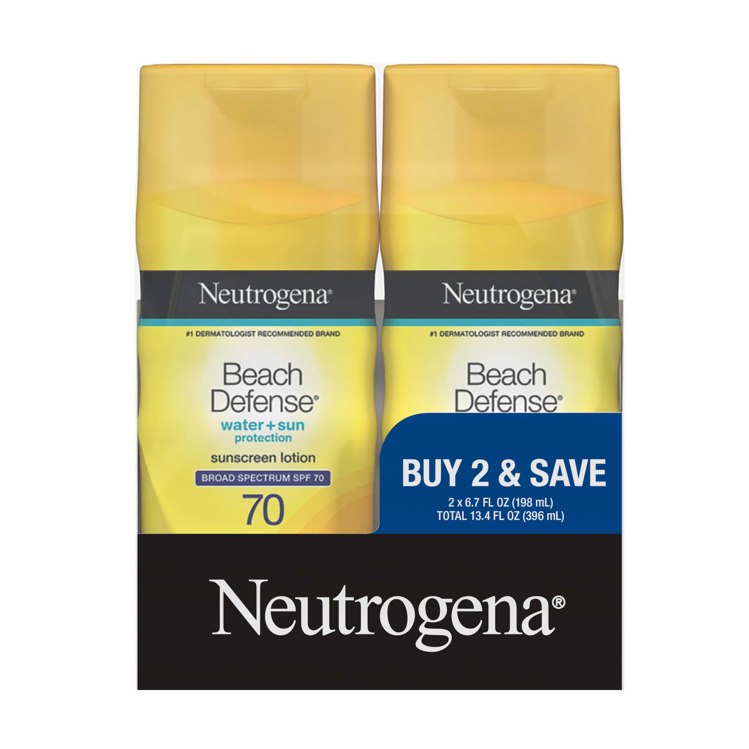 Neutrogena Beach Defense SPF 70 bottle close-up shows quick sun protection