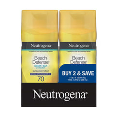Neutrogena Beach Defense SPF 70 bottle close-up shows quick sun protection