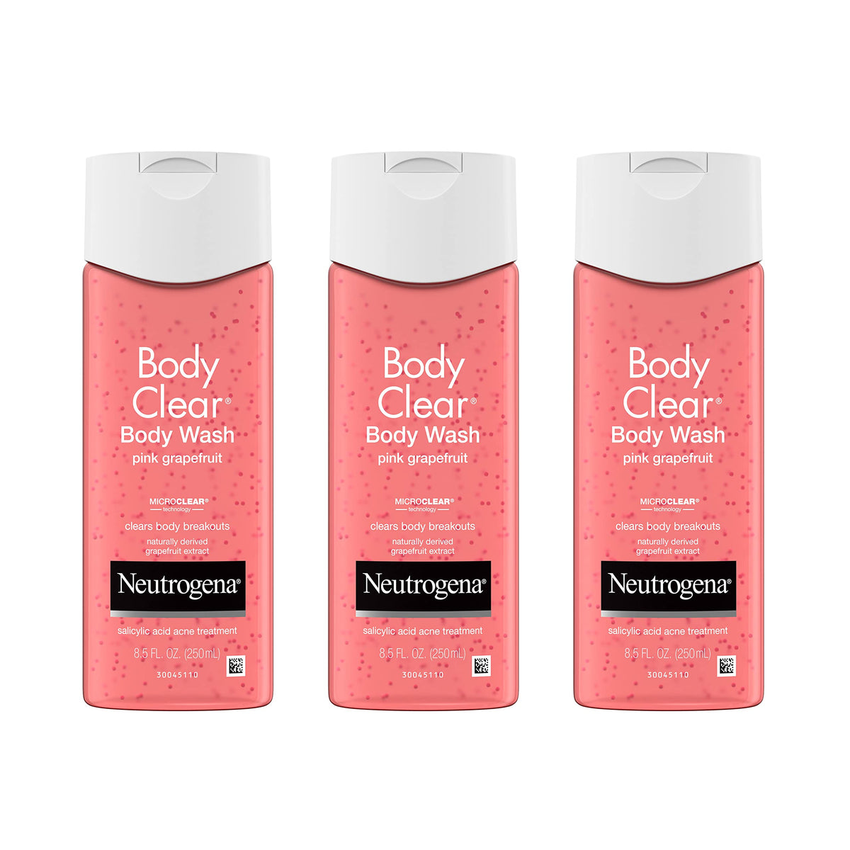 Neutrogena Body Clear pink grapefruit bottle on a bathroom shelf for daily acne care.
