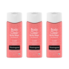 Neutrogena Body Clear pink grapefruit bottle on a bathroom shelf for daily acne care.