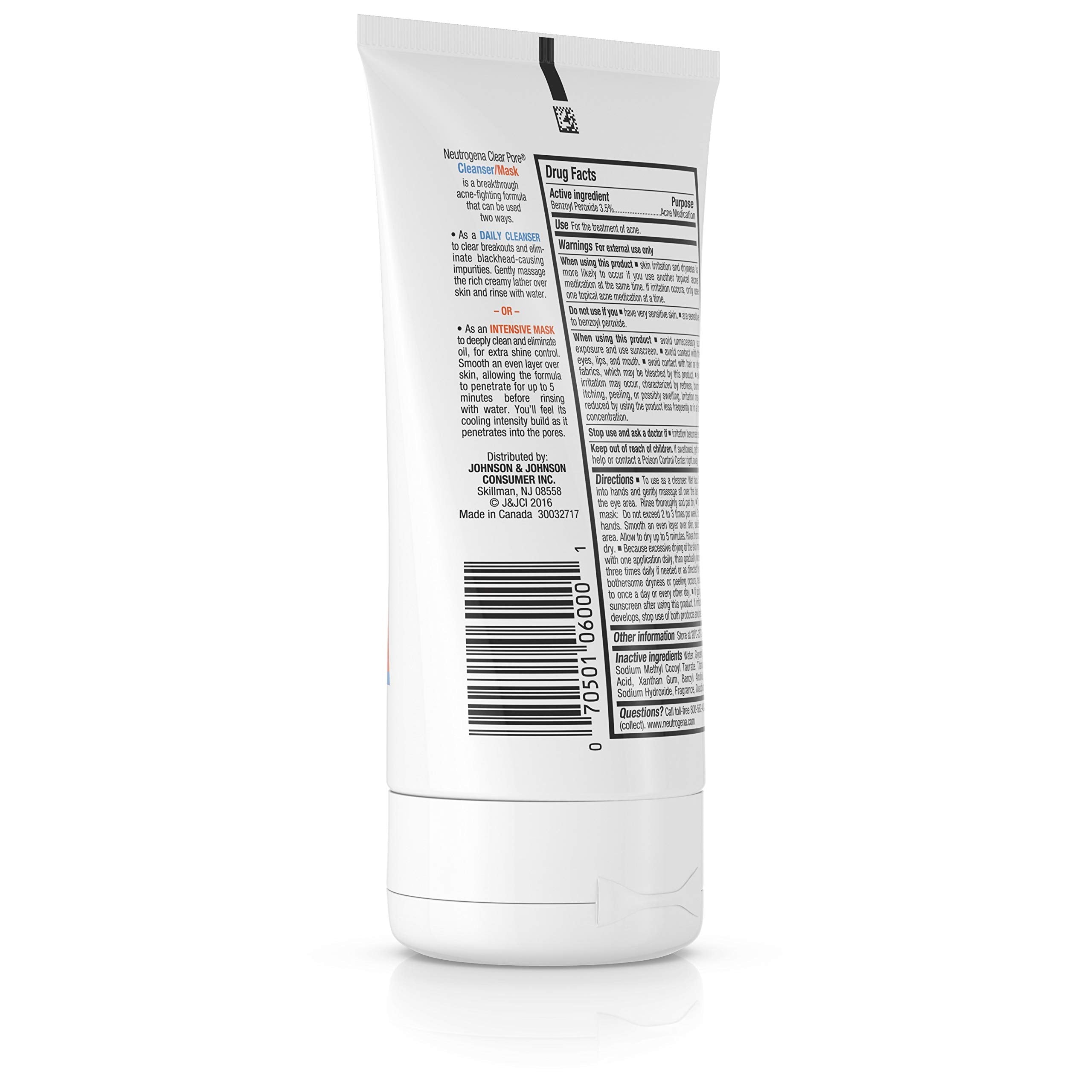 Neutrogena Clear Pore benzoyl peroxide bottle emphasizes acne-fighting medicine.