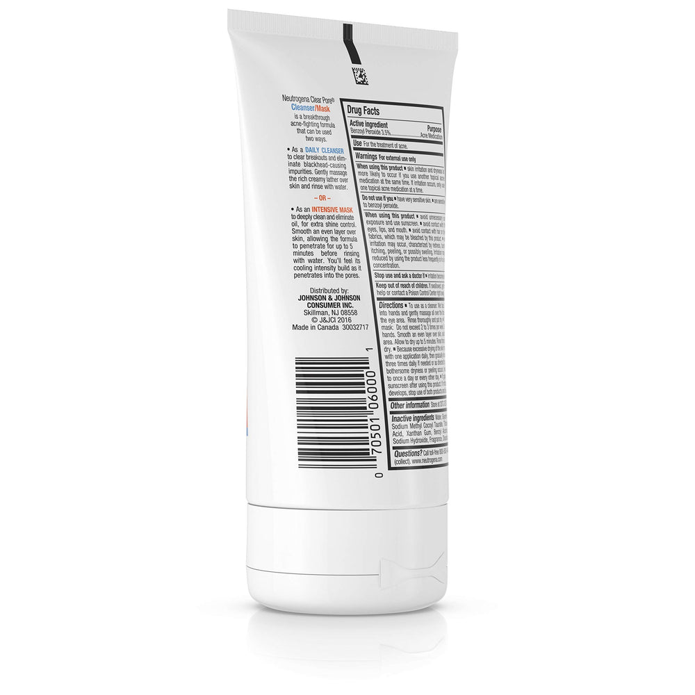 Neutrogena Clear Pore benzoyl peroxide bottle emphasizes acne-fighting medicine.