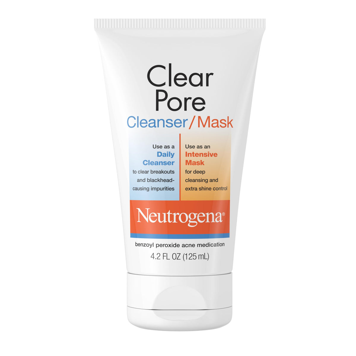 Neutrogena Clear Pore bottle close-up with benzoyl peroxide acne treatment.