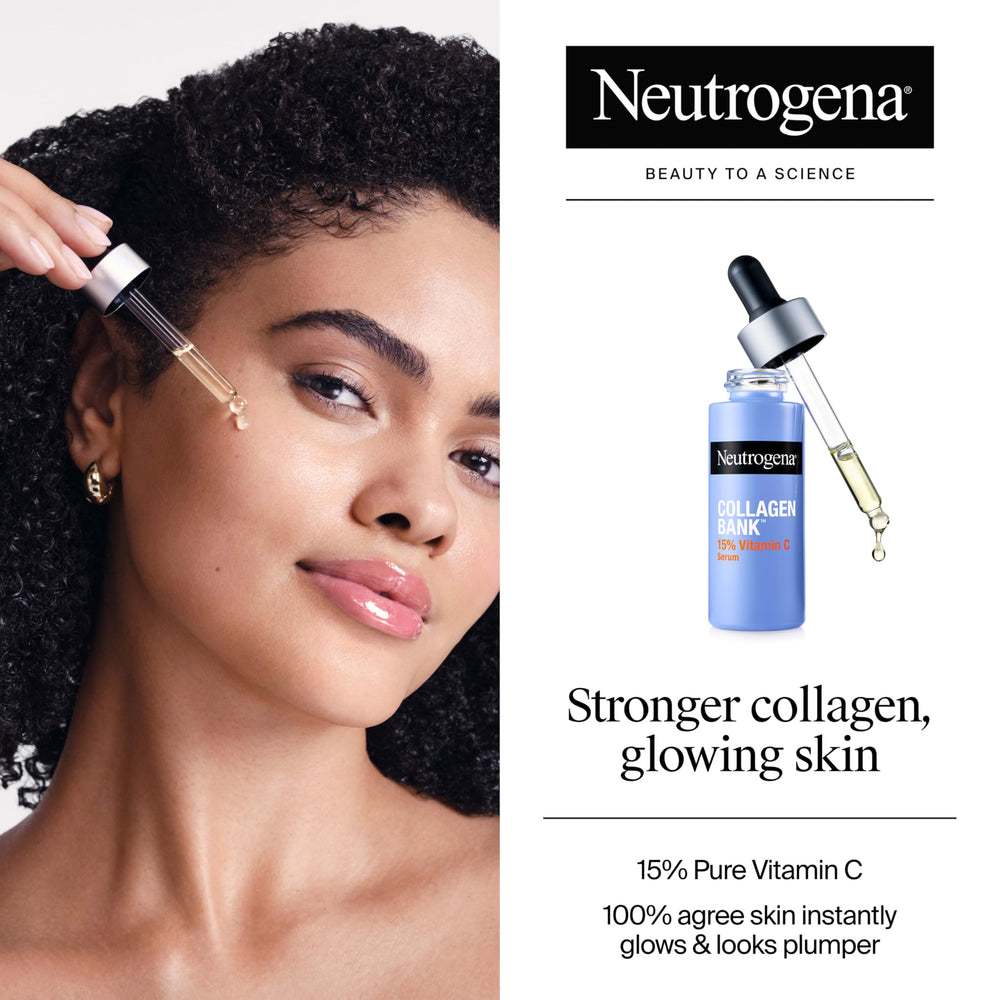 Close-up of Neutrogena Collagen Bank serum pump releasing vitamin C and PHA benefits