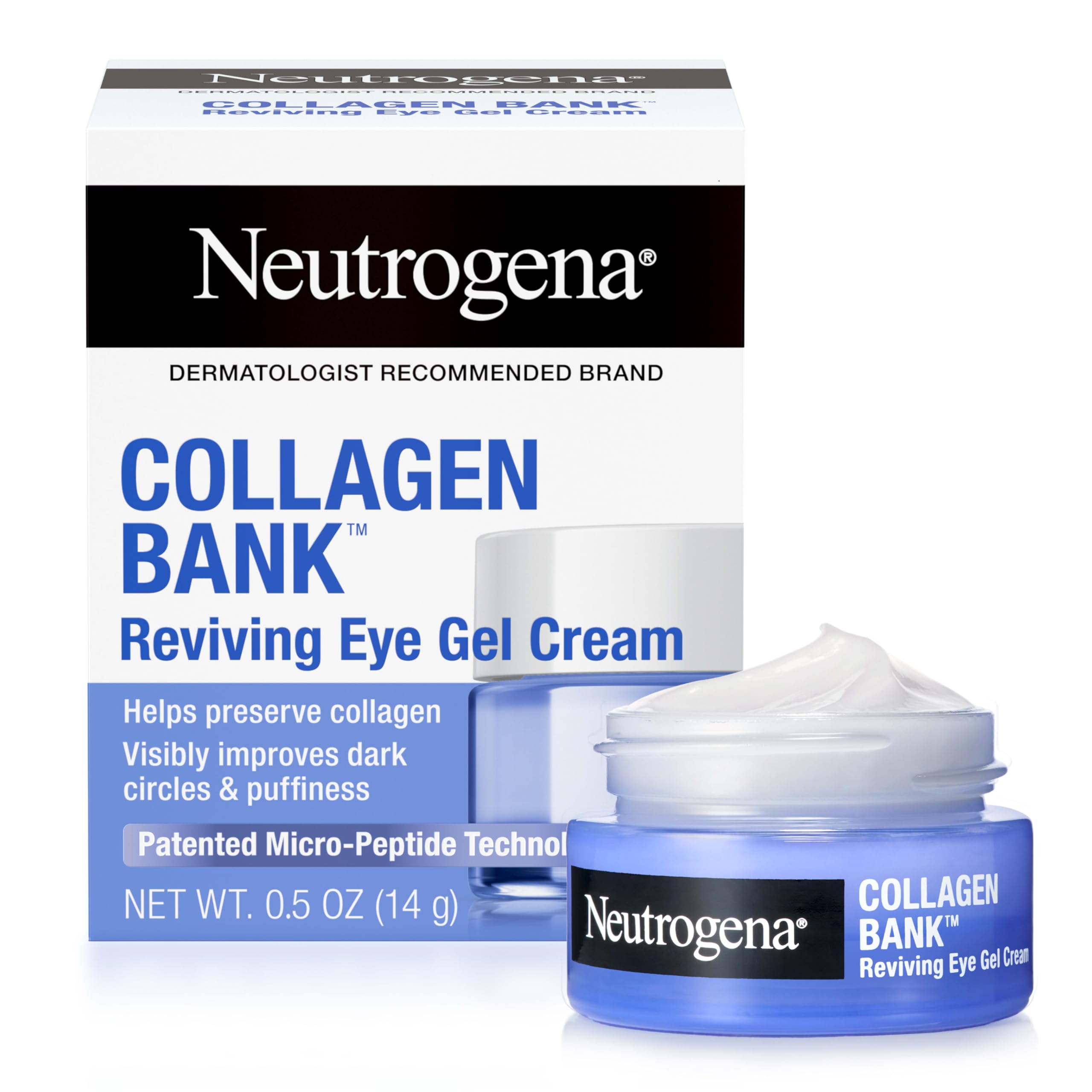 Neutrogena Collagen Bank Reviving Eye Cream bottle close-up showing silky gel texture.
