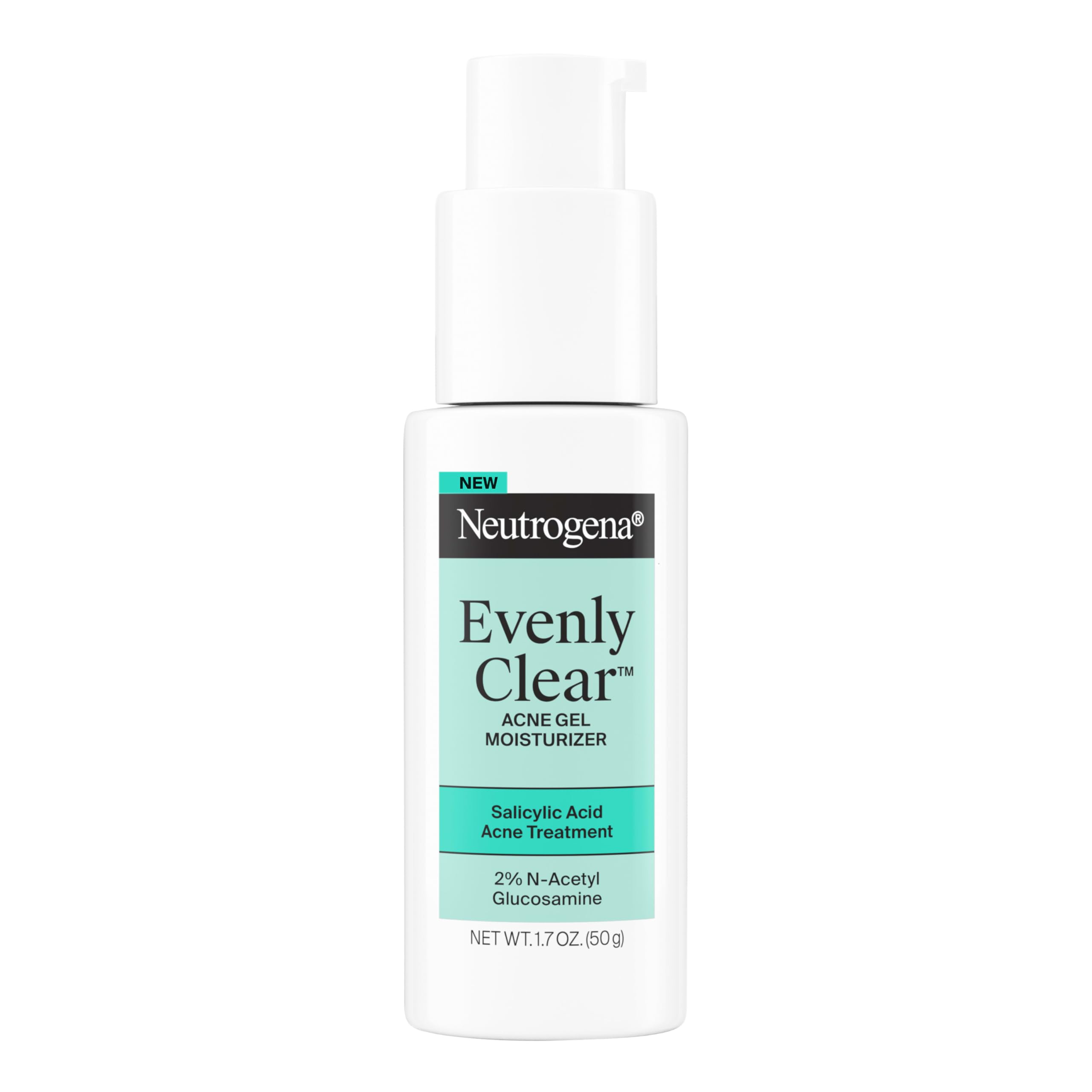 Neutrogena Evenly Clear Acne Gel Moisturizer tube on white background for daily acne care.