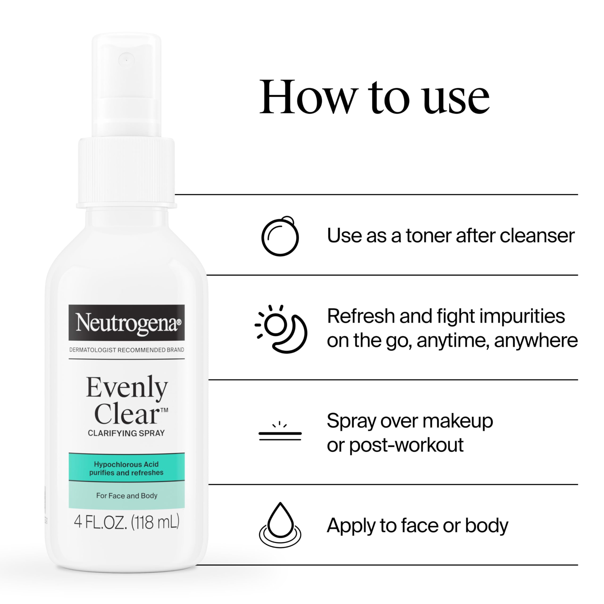 Neutrogena Evenly Clear Clarifying Spray after-workout use for quick purification