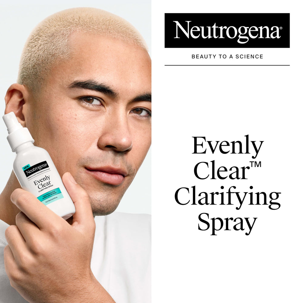 Neutrogena Evenly Clear Clarifying Spray on-face application delivers fast cleansing after workouts