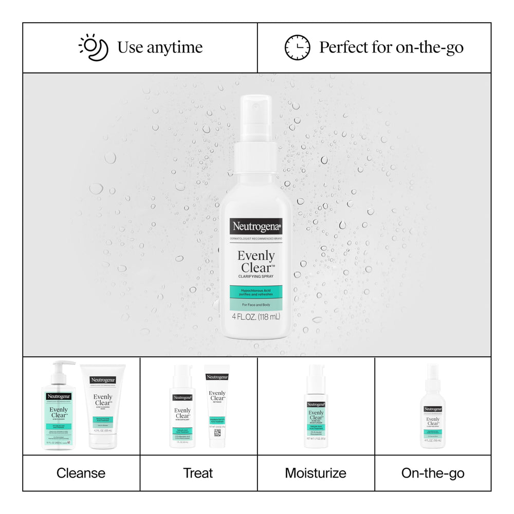 Neutrogena Evenly Clear Clarifying Spray morning-and-night use for consistent care