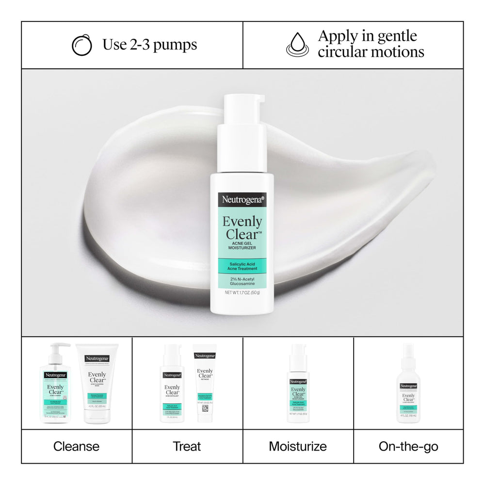Neutrogena Evenly Clear packaging on shelf signals convenient daily acne care.