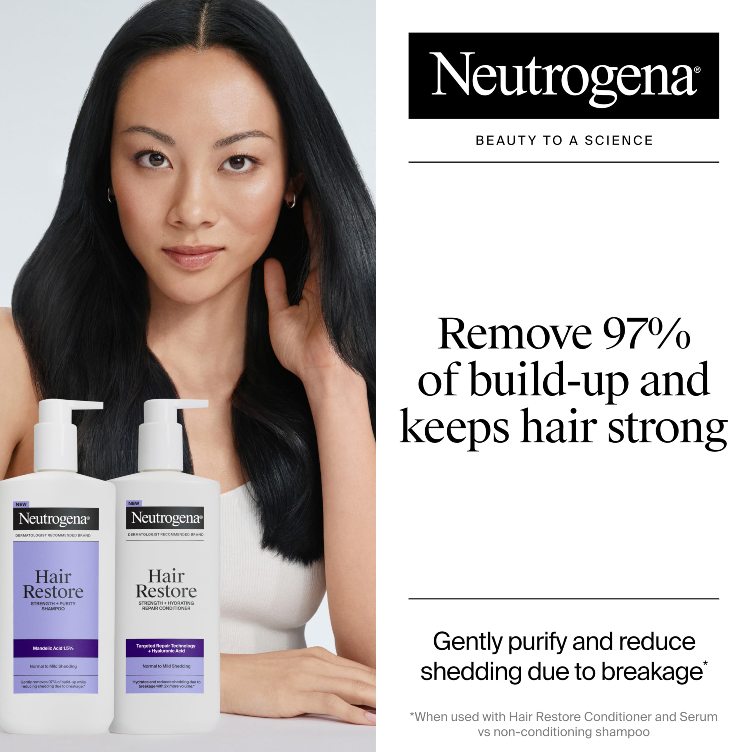 Neutrogena Hair Restore Strength + Purity label close-up with mandelic acid.