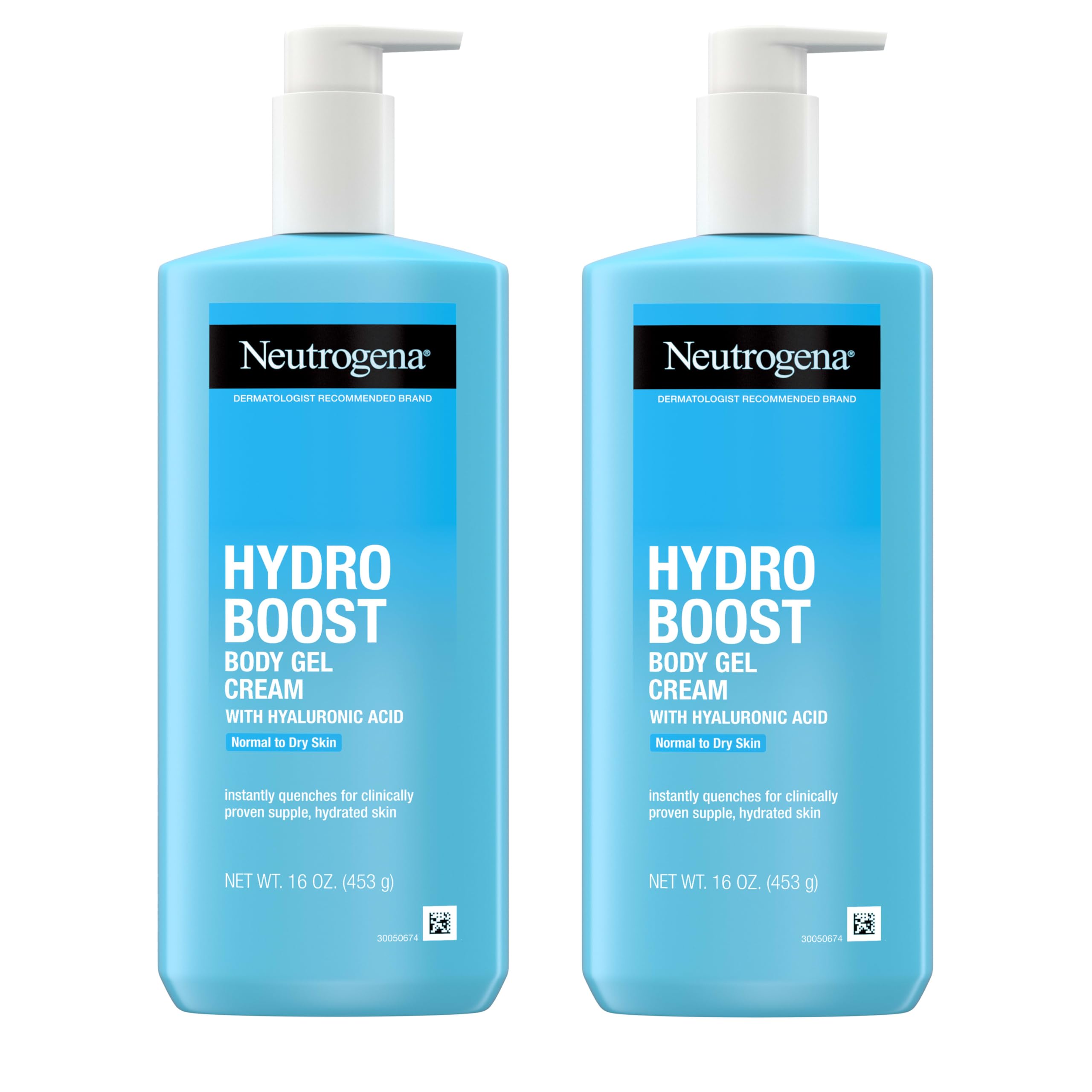 Neutrogena Hydro Boost body gel cream bottle showing fast-absorbing hydration for dry skin.