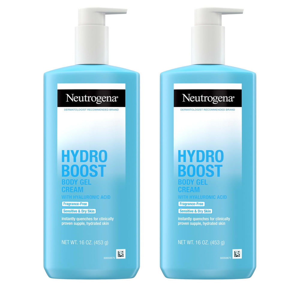 Neutrogena Hydro Boost Body Gel Cream tub close-up shows hydrating formula for dry skin