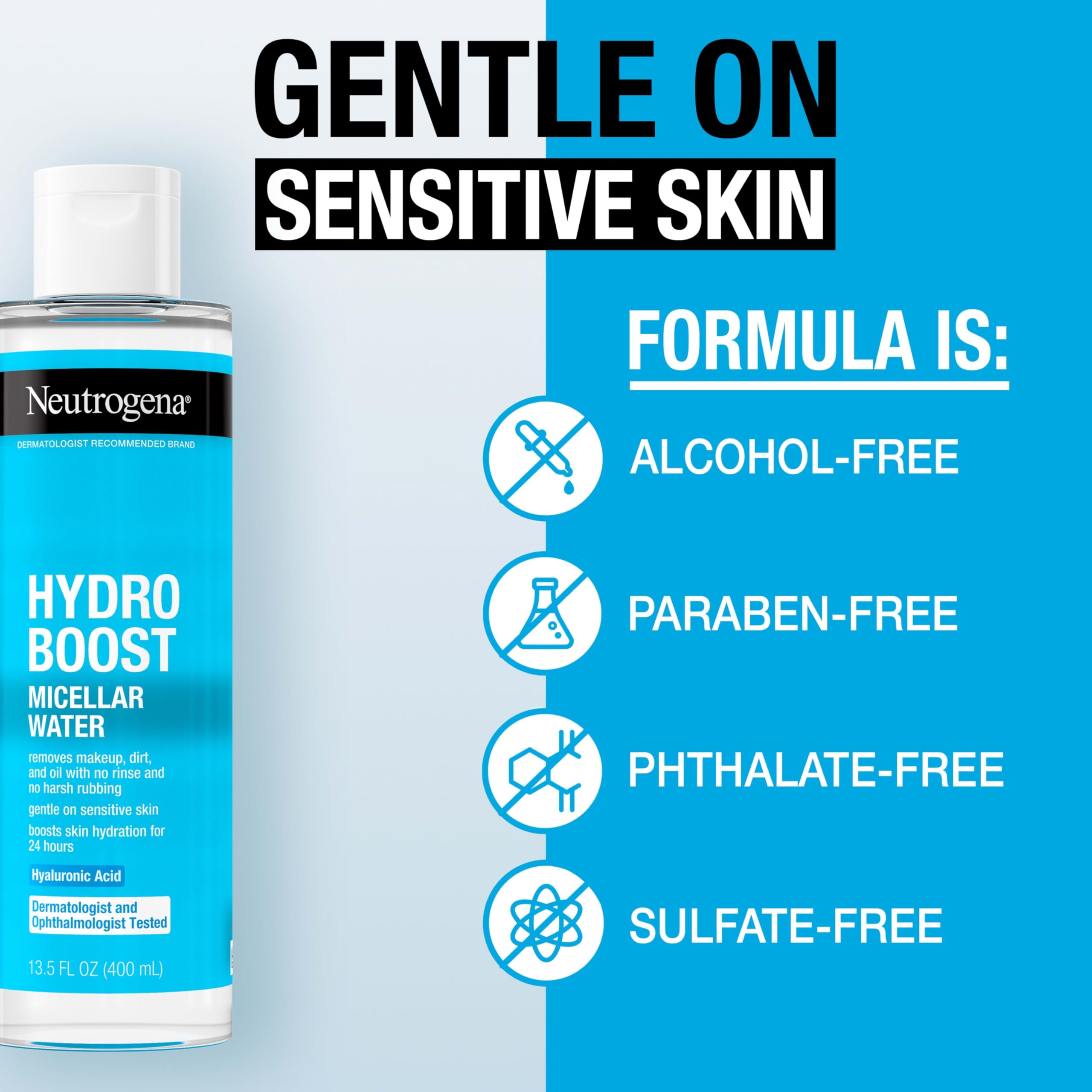 Neutrogena Hydro Boost Micellar Water used on face and eyes for impurities removal.