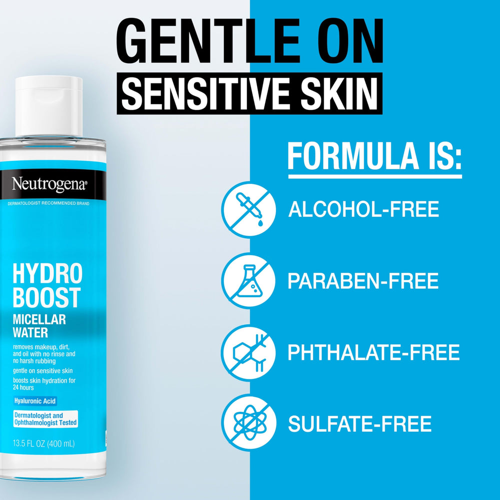 Neutrogena Hydro Boost Micellar Water used on face and eyes for impurities removal.