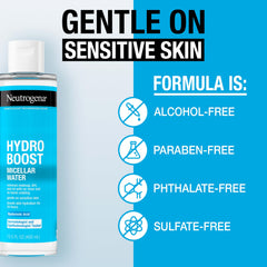 Neutrogena Hydro Boost Micellar Water used on face and eyes for impurities removal.
