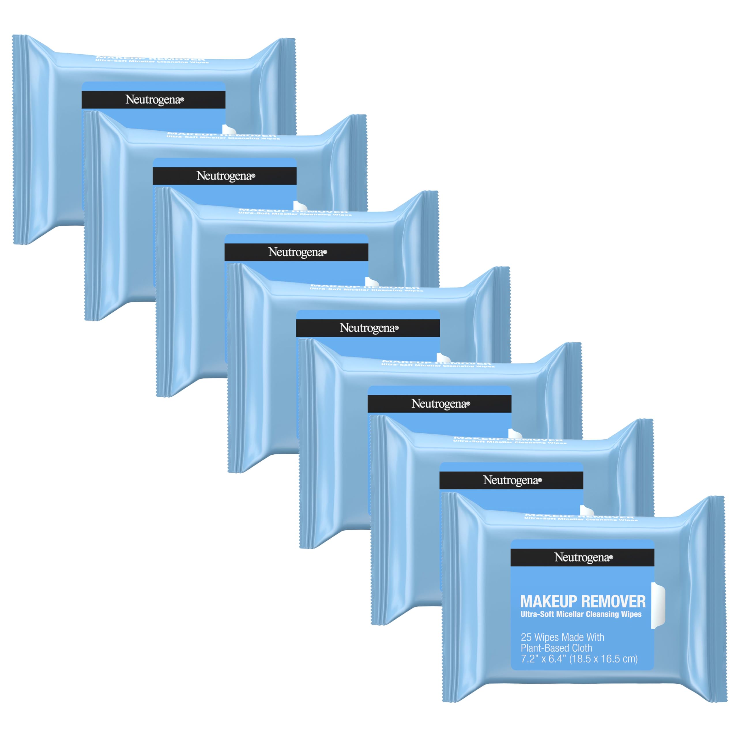 Neutrogena makeup remover wipes packaging showing six 25-count packs for convenience