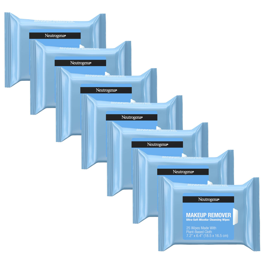 Neutrogena makeup remover wipes packaging showing six 25-count packs for convenience
