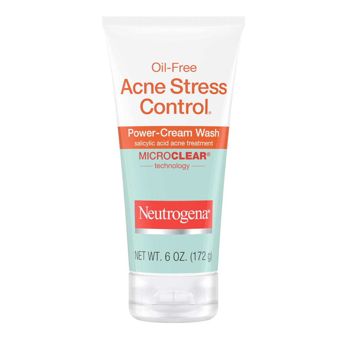 Neutrogena Oil-Free Acne Stress Control Power-Cream Face Wash tube shows 2% salicylic acid for clearer pores.
