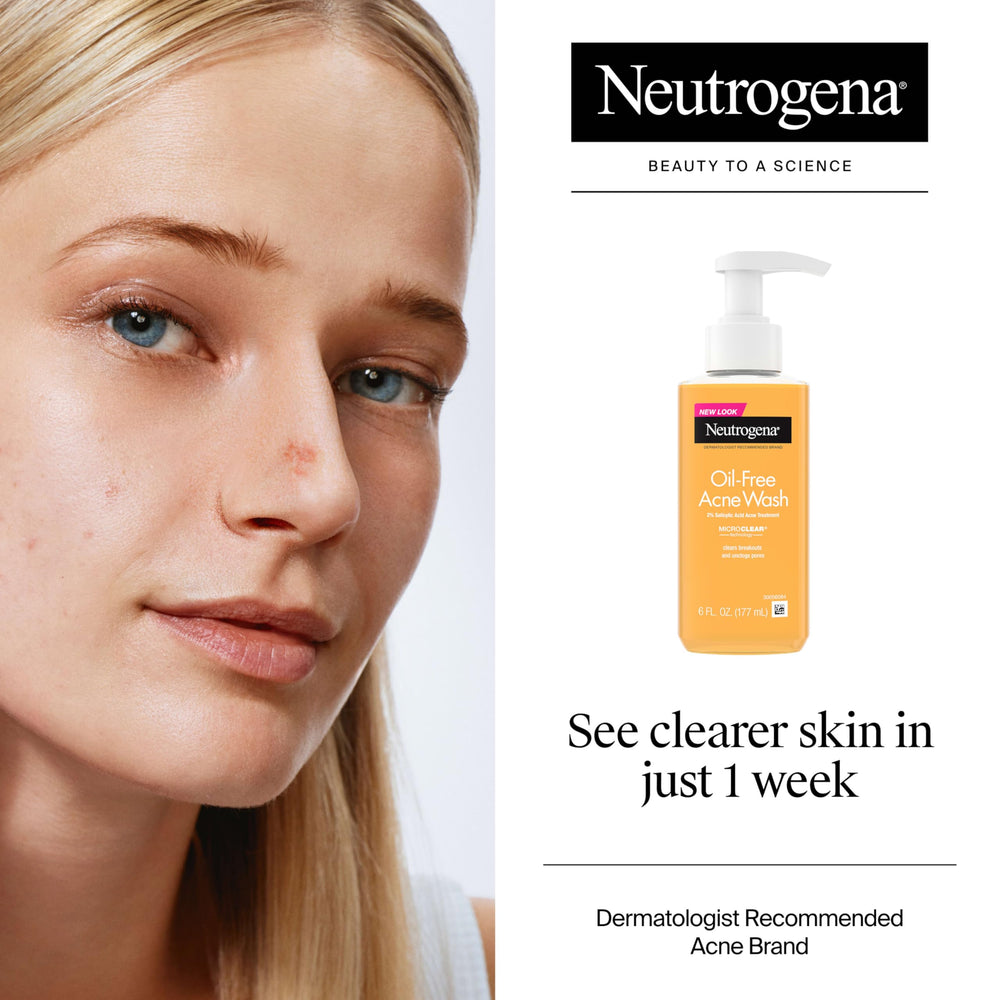 Neutrogena Oil-Free Acne Wash bottle pour action highlights rinsing.