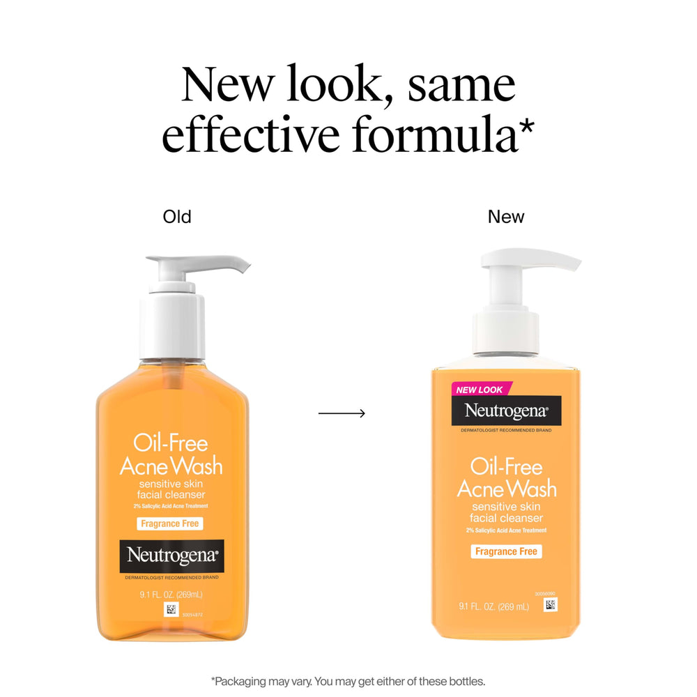 Neutrogena Oil-Free Acne Wash fragrance-free label close-up for sensitive skin.
