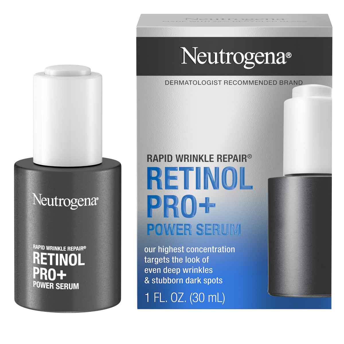 Neutrogena Rapid Wrinkle Pro+ serum bottle close-up highlighting retinol formula for aging skin