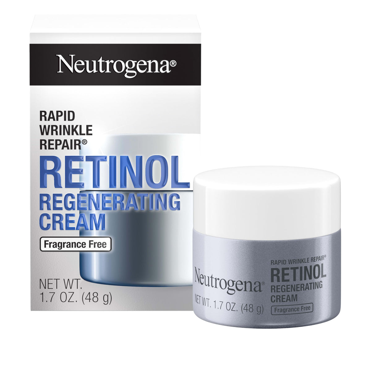 Neutrogena Rapid Wrinkle Repair jar showing fragrance-free formula for daily anti-aging care.