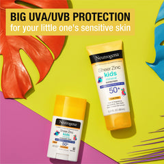 Neutrogena Sheer Zinc Kids sunscreen bottle label showing SPF 50+ protection.