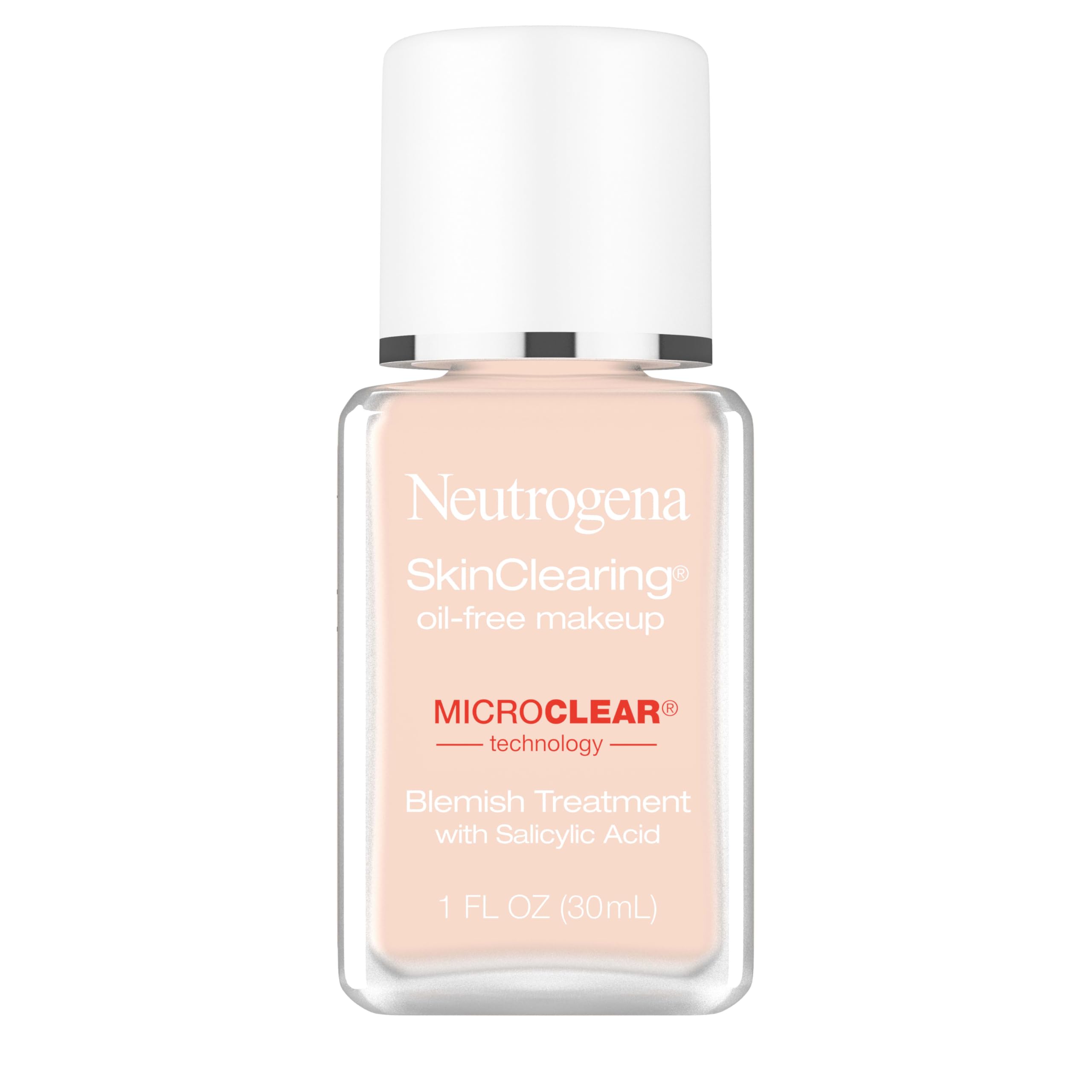 Neutrogena SkinClearing foundation bottle close-up highlighting oil-free formula for shine control