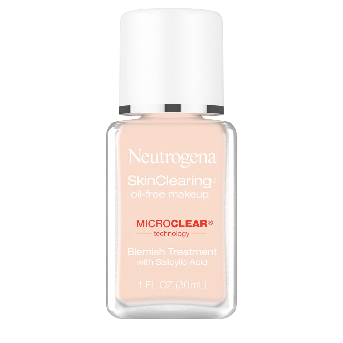 Neutrogena SkinClearing foundation bottle close-up highlighting oil-free formula for shine control