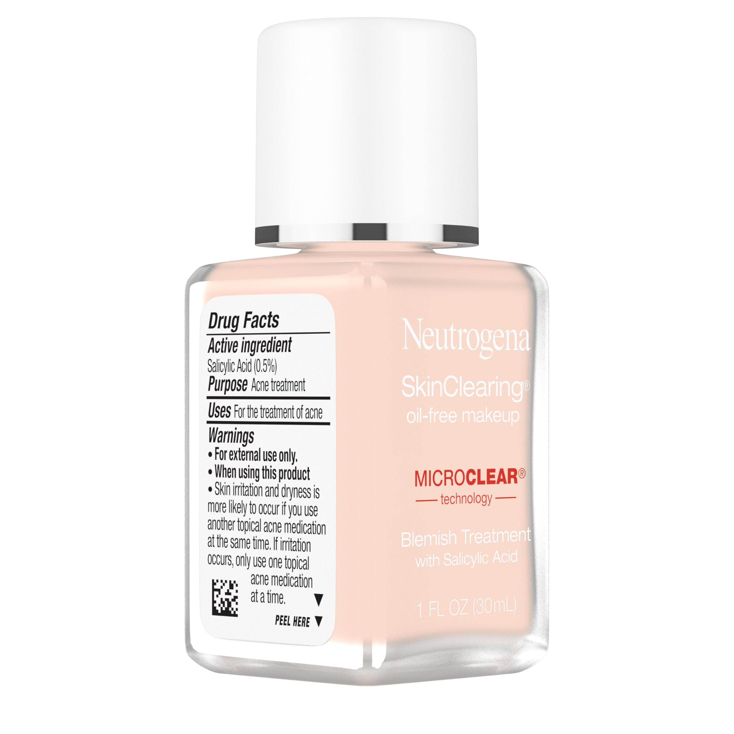 Neutrogena SkinClearing foundation label highlights oil-free formula and MicroClear technology
