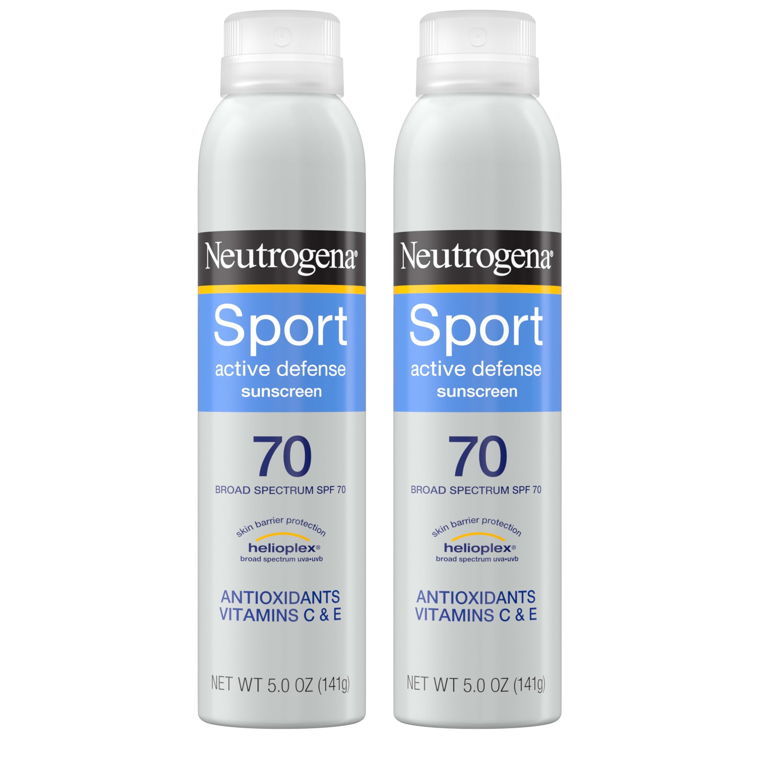 Neutrogena Sport Active Defense SPF 70 spray twin-pack bottles for quick outdoor protection.
