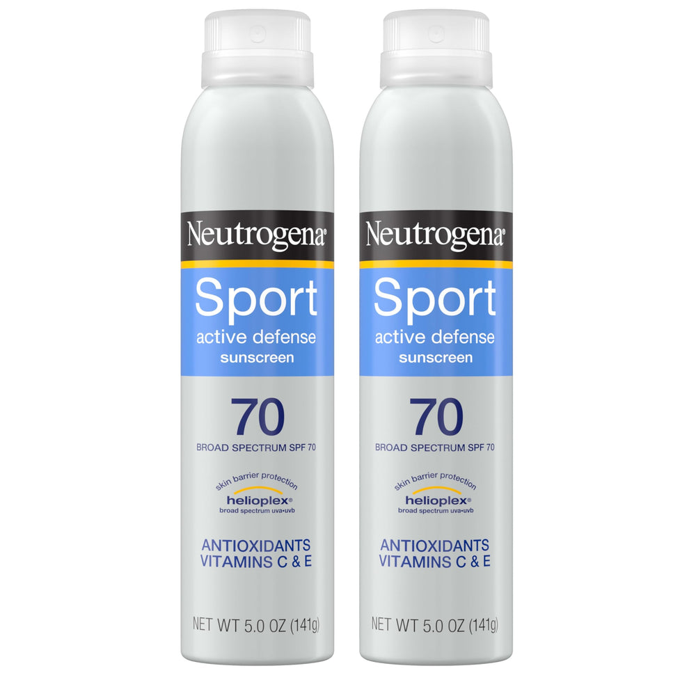 Neutrogena Sport Active Defense SPF 70 spray twin-pack bottles for quick outdoor protection.