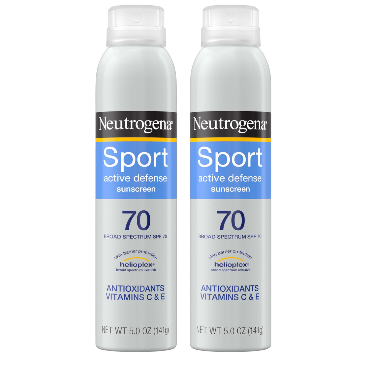 Neutrogena Sport Active Defense SPF 70 spray twin-pack bottles for quick outdoor protection.