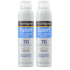 Neutrogena Sport Active Defense SPF 70 spray twin-pack bottles for quick outdoor protection.