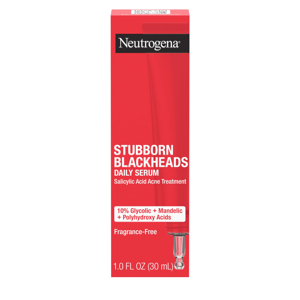 Neutrogena Stubborn Blackheads serum bottle close-up highlighting oil-free formula.