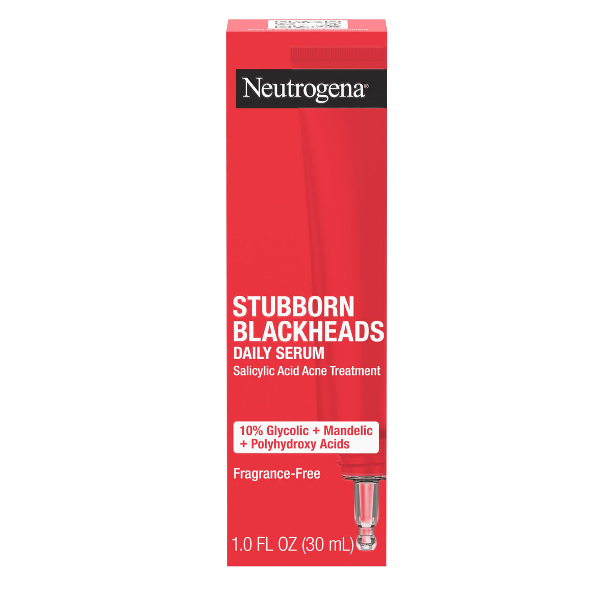 Neutrogena Stubborn Blackheads serum bottle close-up highlighting oil-free formula.