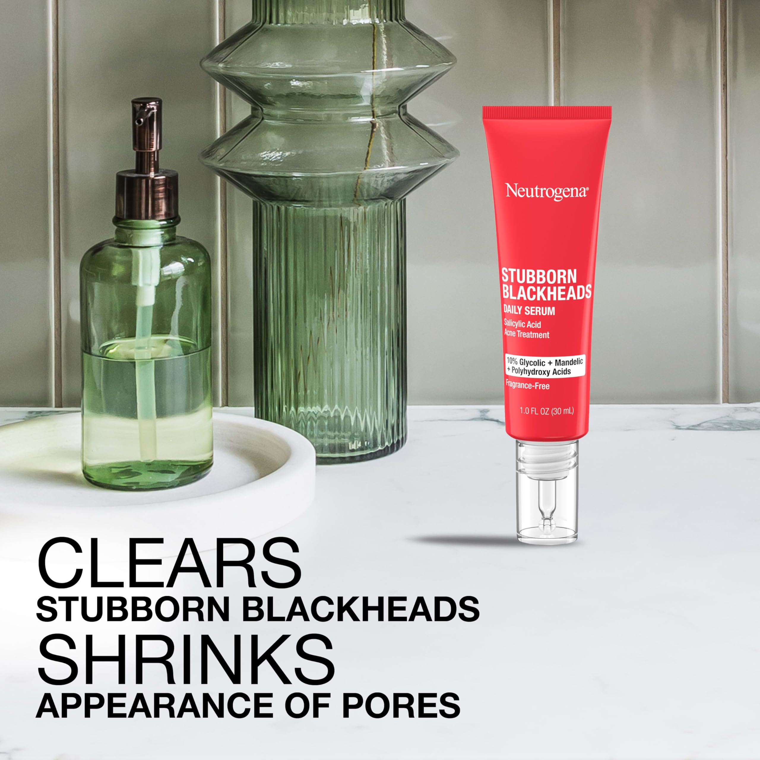 Neutrogena Stubborn Blackheads serum on bathroom shelf ready for routine.