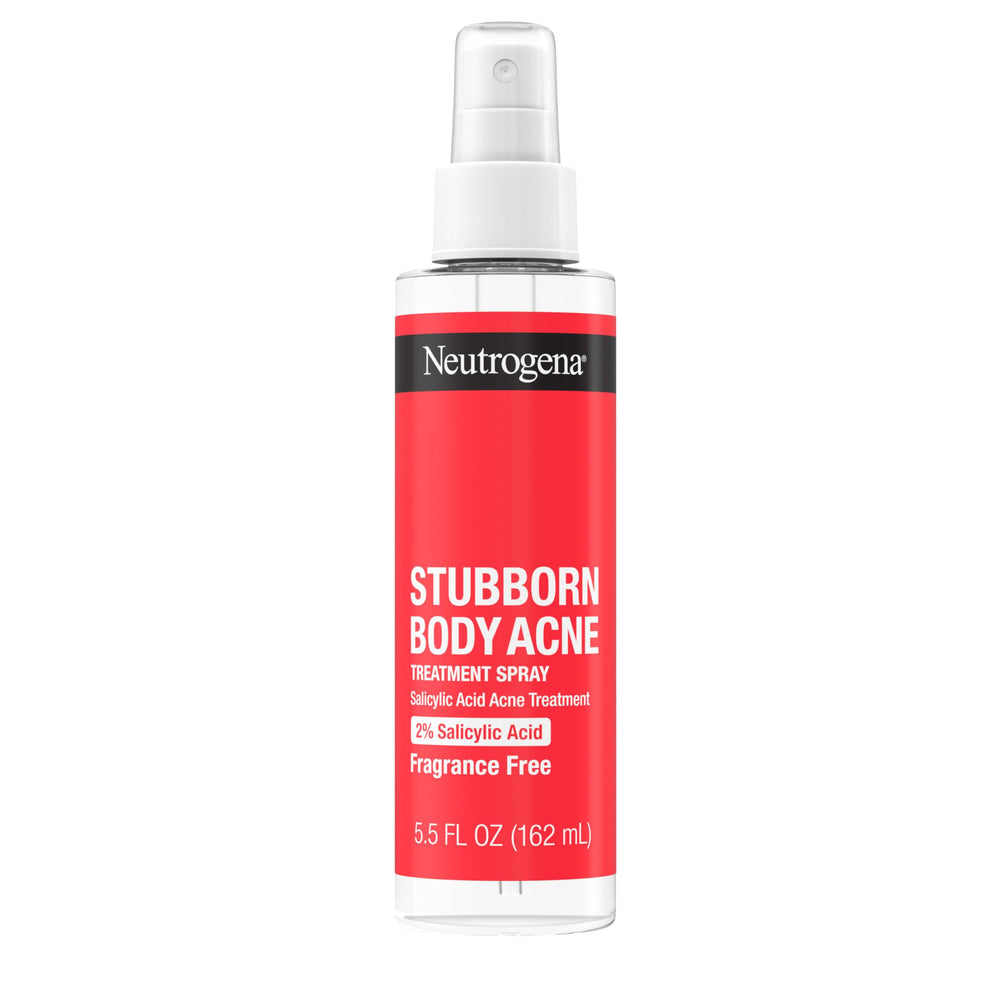 Neutrogena Stubborn Body Acne Spray applied on back for targeted acne care.