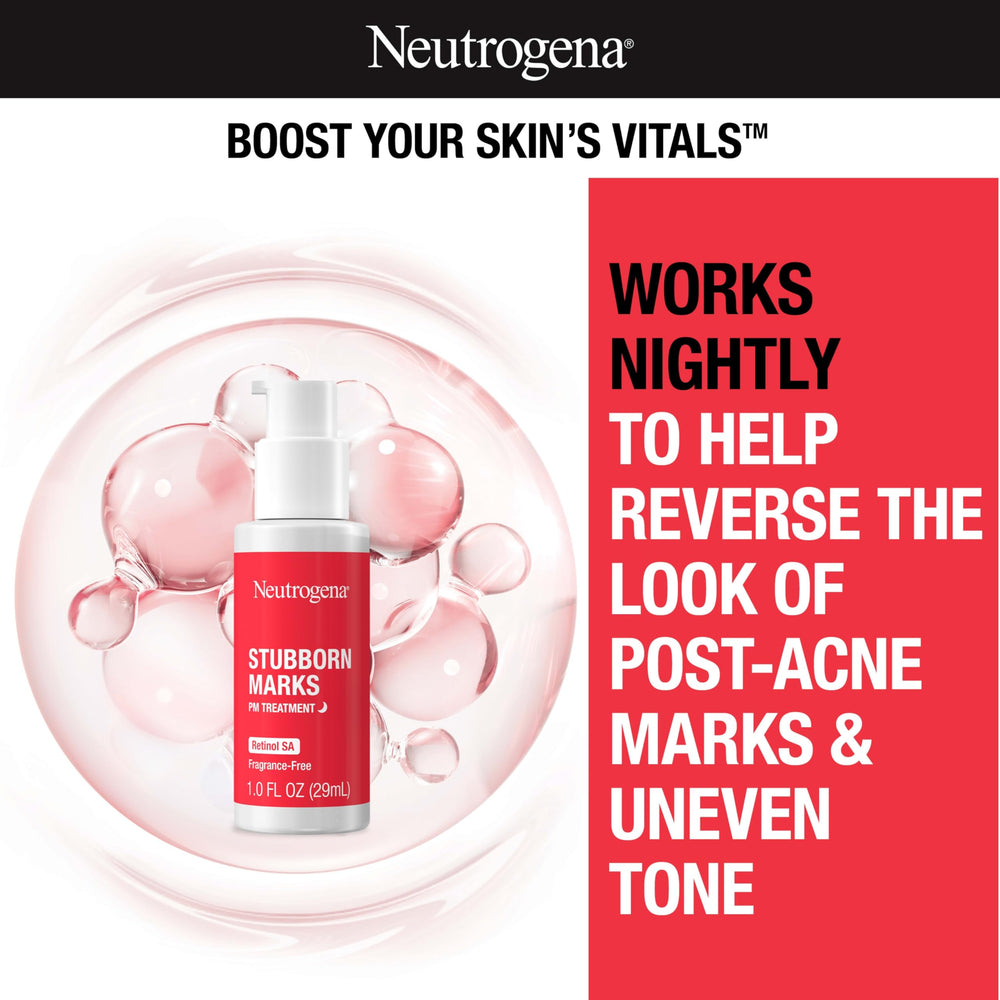 Neutrogena Stubborn Marks PM Treatment box highlights fragrance free formula.