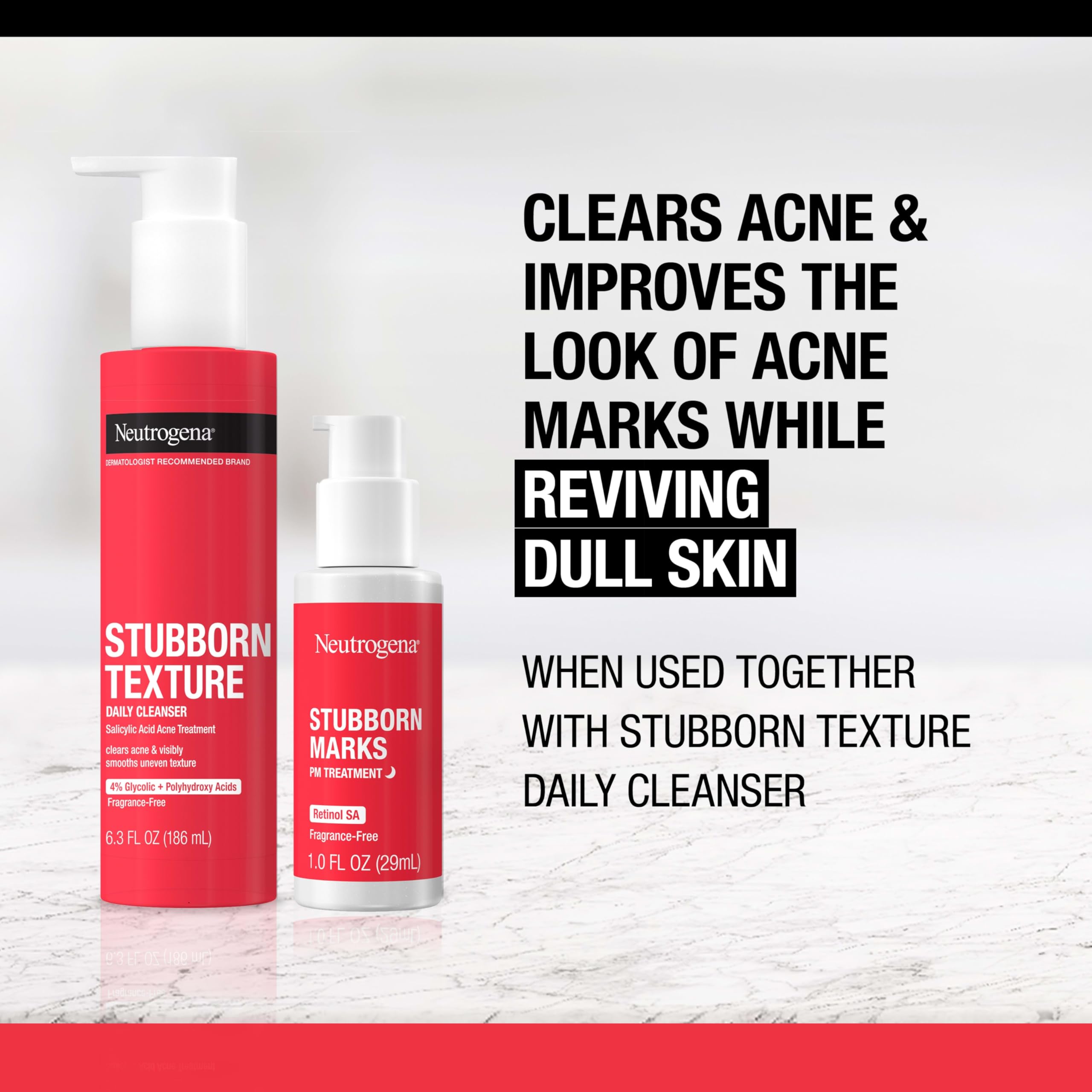 Nighttime routine setup featuring Neutrogena Stubborn Marks PM Treatment for post acne marks.