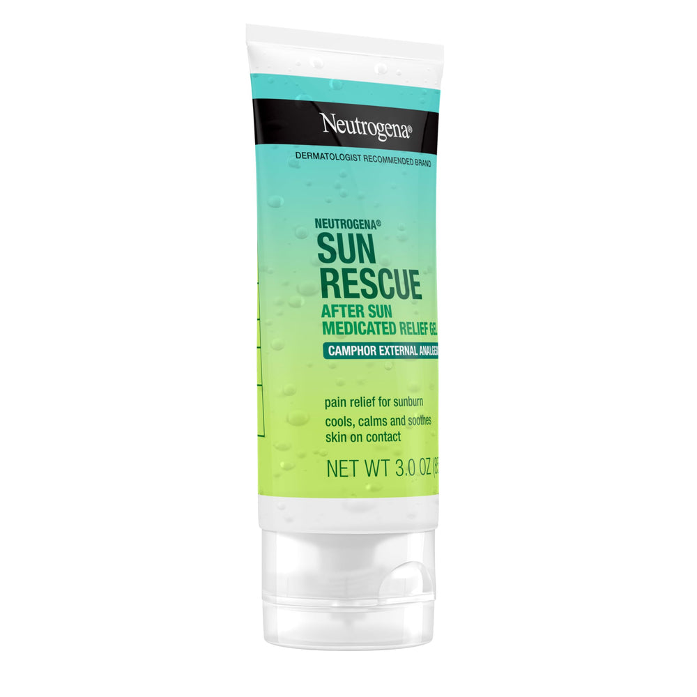 Neutrogena Sun Rescue gel tube applying to skin for quick cooling relief.