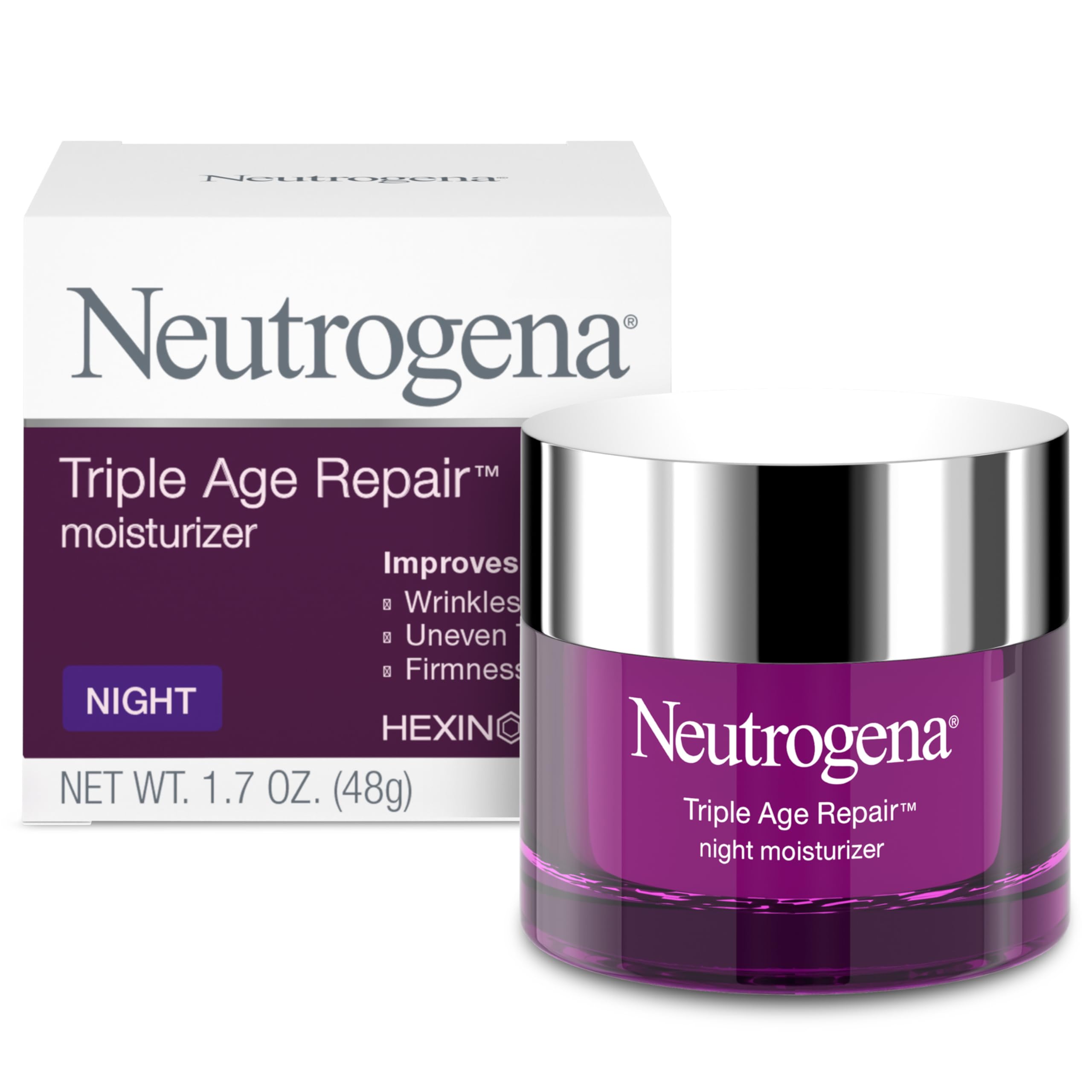Neutrogena Triple Age Repair Night Cream jar for overnight wrinkle smoothing.