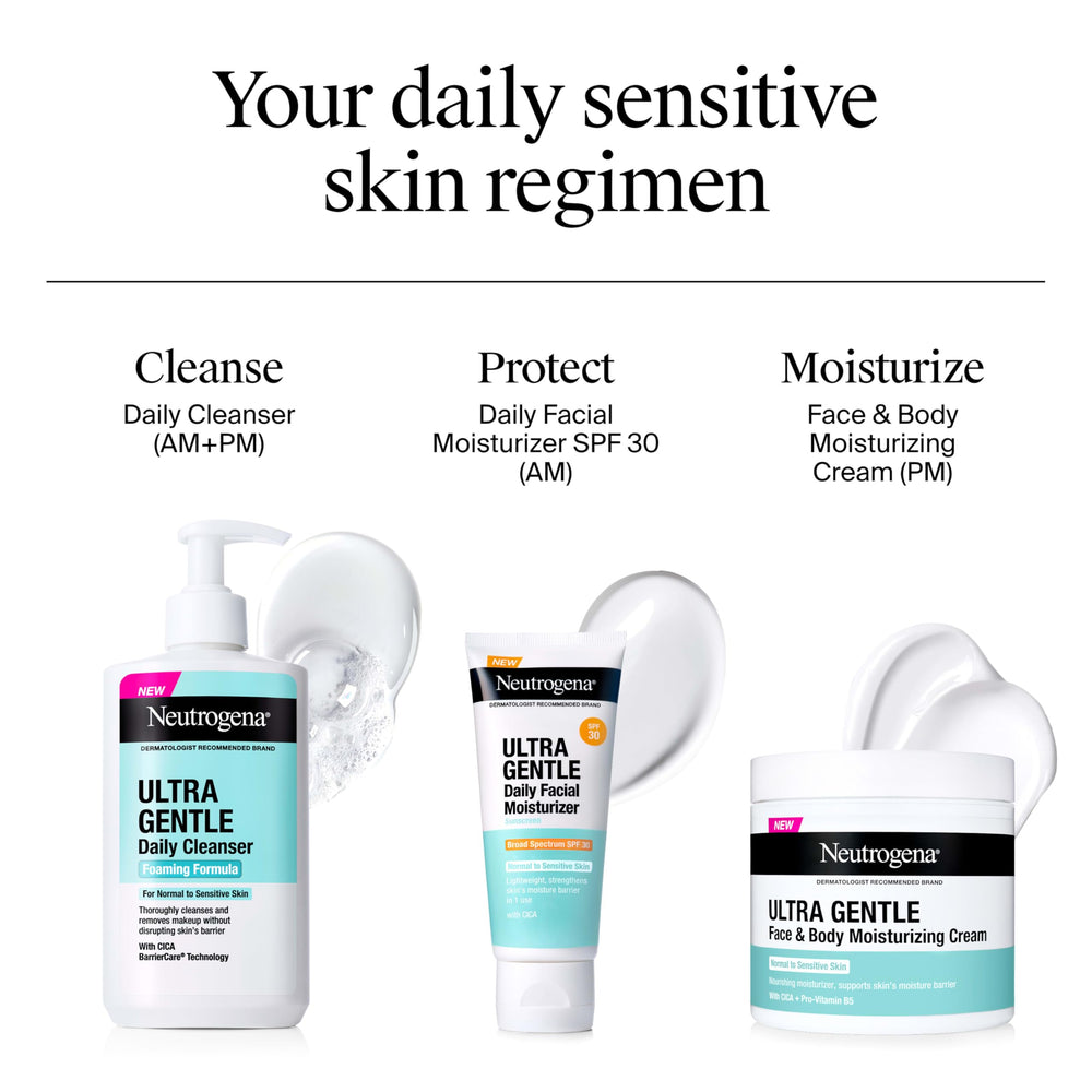 Neutrogena Ultra Gentle Foaming Cleanser bottle back label highlighting CICA and BarrierCare.