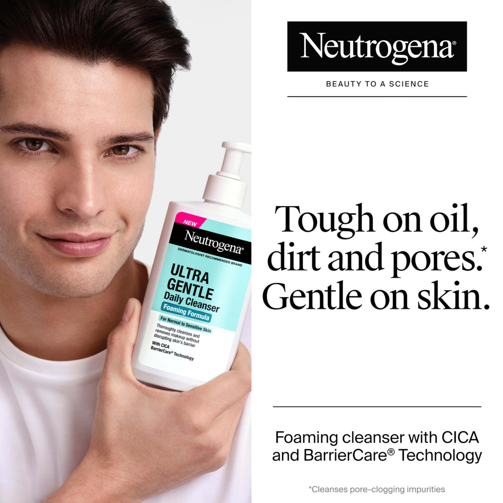 Close-up of Neutrogena Ultra Gentle Foaming Cleanser bottle with pump.