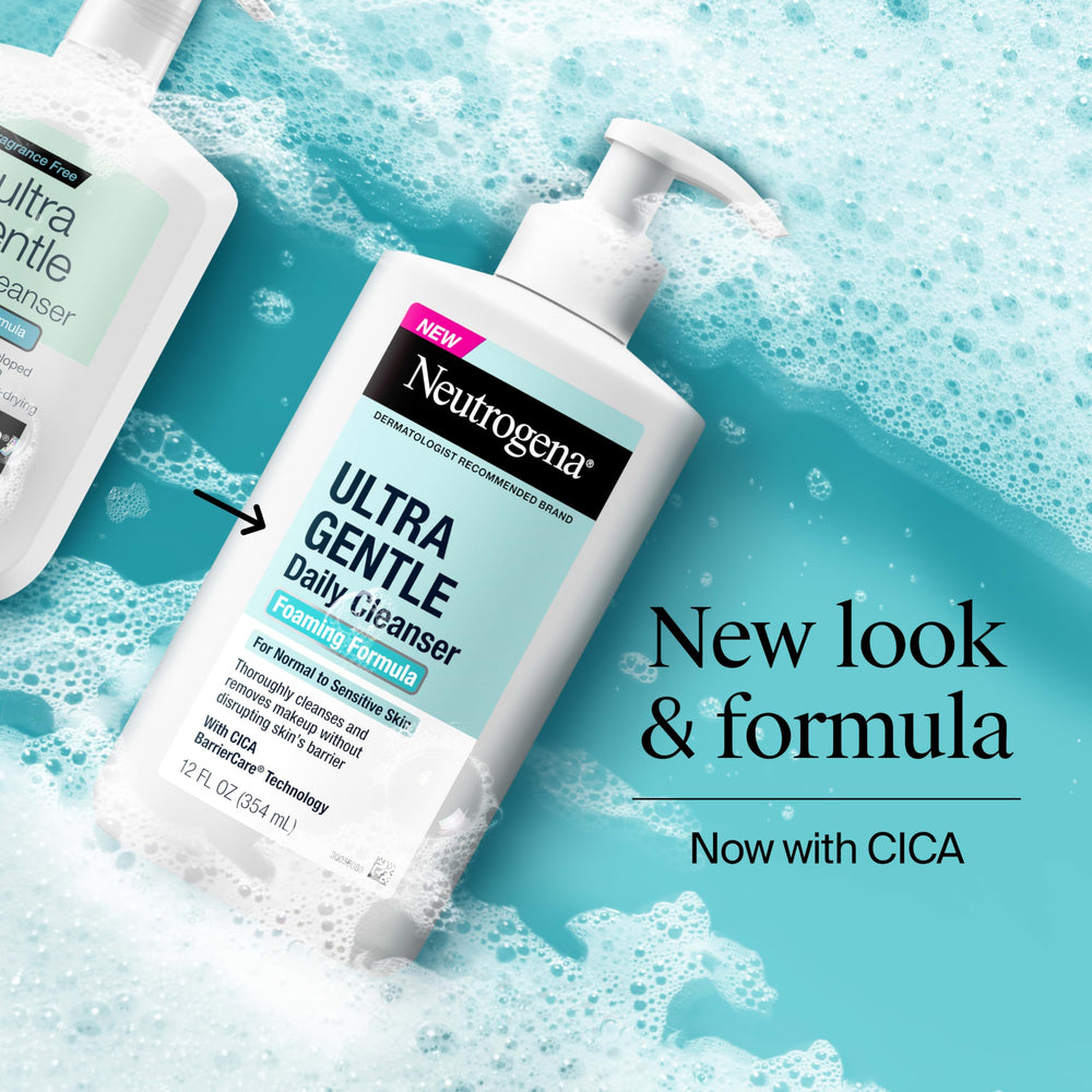 Neutrogena Ultra Gentle Foaming Cleanser foam application on the face for gentle cleansing.