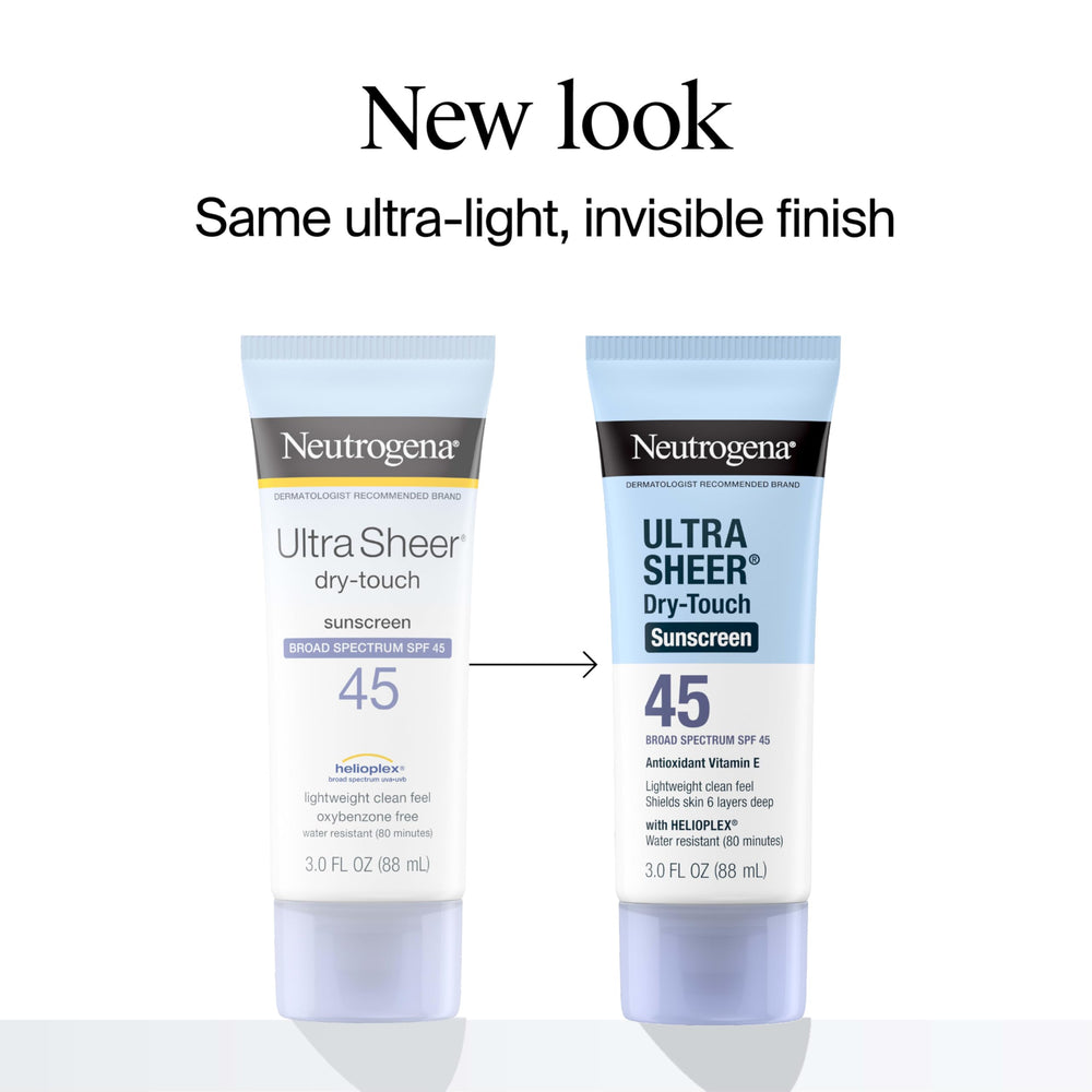 Neutrogena Ultra Sheer SPF 45 tube back label with ingredients and finish